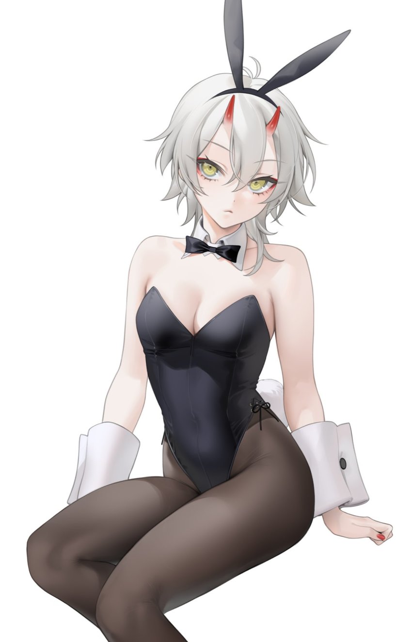 1girl animal_ears azur_lane bare_shoulders black_leotard bow bowtie detached_collar fake_animal_ears highres horns kinu_(azur_lane) leotard nail_polish ohisashiburi oni_horns pantyhose playboy_bunny rabbit_ears rabbit_tail short_hair side-tie_leotard simple_background sitting solo strapless strapless_leotard tail white_background white_hair wrist_cuffs yellow_eyes
