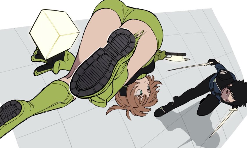 1boy 1girl aoi_(yooo009) ass ass_focus axe bad_link battle black_footwear black_gloves black_hair black_pants boots breasts brown_hair expressionless fighting_stance floating_hair flying full_body gloves green_eyes green_footwear green_shorts highres kazama_souya knee_boots konami_kirie long_sleeves medium_breasts motion_lines pants red_eyes running shoe_soles short_hair shorts soles sword thighs upside-down weapon world_trigger
