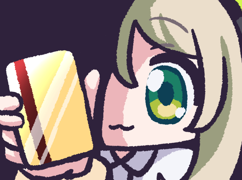 1girl :3 blue_archive card chibi closed_mouth collared_shirt credit_card hand_up highres holding holding_card light_brown_hair long_hair looking_at_viewer nonomi_(blue_archive) panatisia partially_shaded_face photo-referenced shirt solo upper_body white_shirt