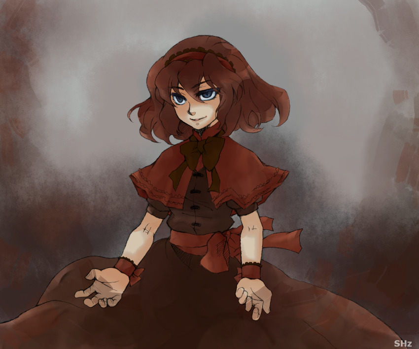 1girl alice_margatroid alternate_color bow brown_bow brown_dress brown_hair capelet dark_persona dress frills hairband looking_to_the_side m.u.g.e.n nakano_su open_hands physalis_(mugen) red_bow red_capelet red_hairband solo waist_bow wrist_cuffs
