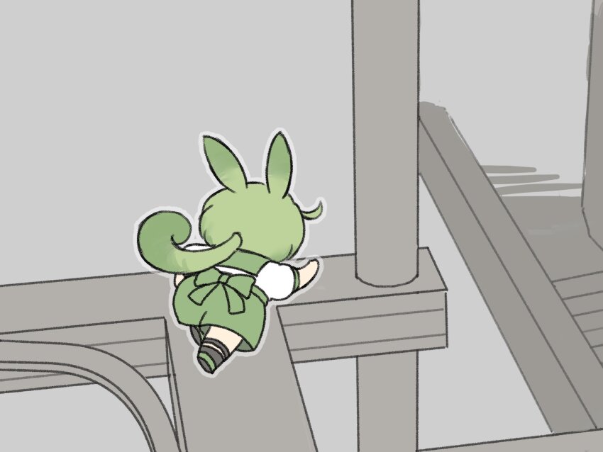 1girl anor_londo back_bow bow chibi chibi_only commentary_request dark_souls_(series) dark_souls_i full_body green_bow green_hair green_shorts grey_background highres in-universe_location long_hair low_ponytail ponytail rafters running shirt shorts solo voiceroid voicevox white_shirt yamanobori zundamon