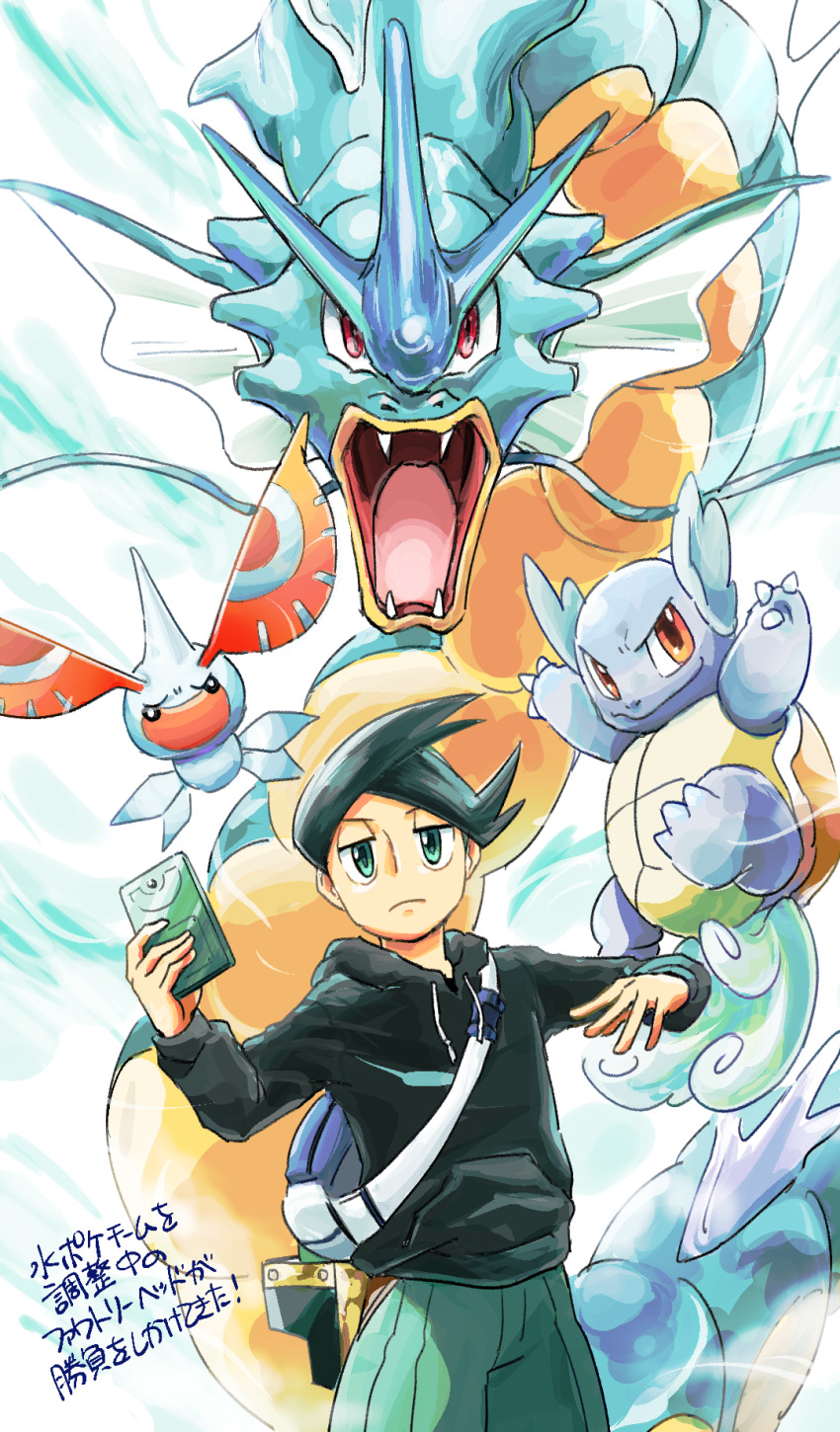 1boy black_hair black_hoodie blue_bag closed_mouth gen_1_pokemon gen_3_pokemon green_pants gyarados highres holding hood hoodie long_sleeves looking_at_viewer male_focus masquerain nintendo open_mouth pants pokemon pokemon_(creature) pokemon_dppt pokemon_platinum shinkichi short_hair thorton_(pokemon) translation_request wartortle