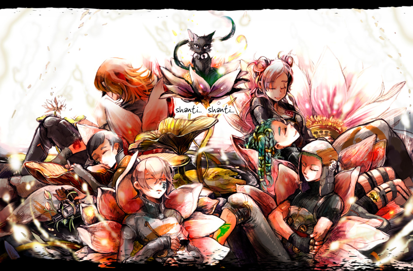 2girls 4boys argilla black_eyes black_hair breasts cat cielo_(dds) cleavage closed_eyes digital_devil_saga facial_mark gale_(dds) green_hair grey_hair heat_(dds) multiple_boys multiple_girls pink_hair red_hair schrodinger_(dds) sera serph shin_megami_tensei sleeping smile tattoo