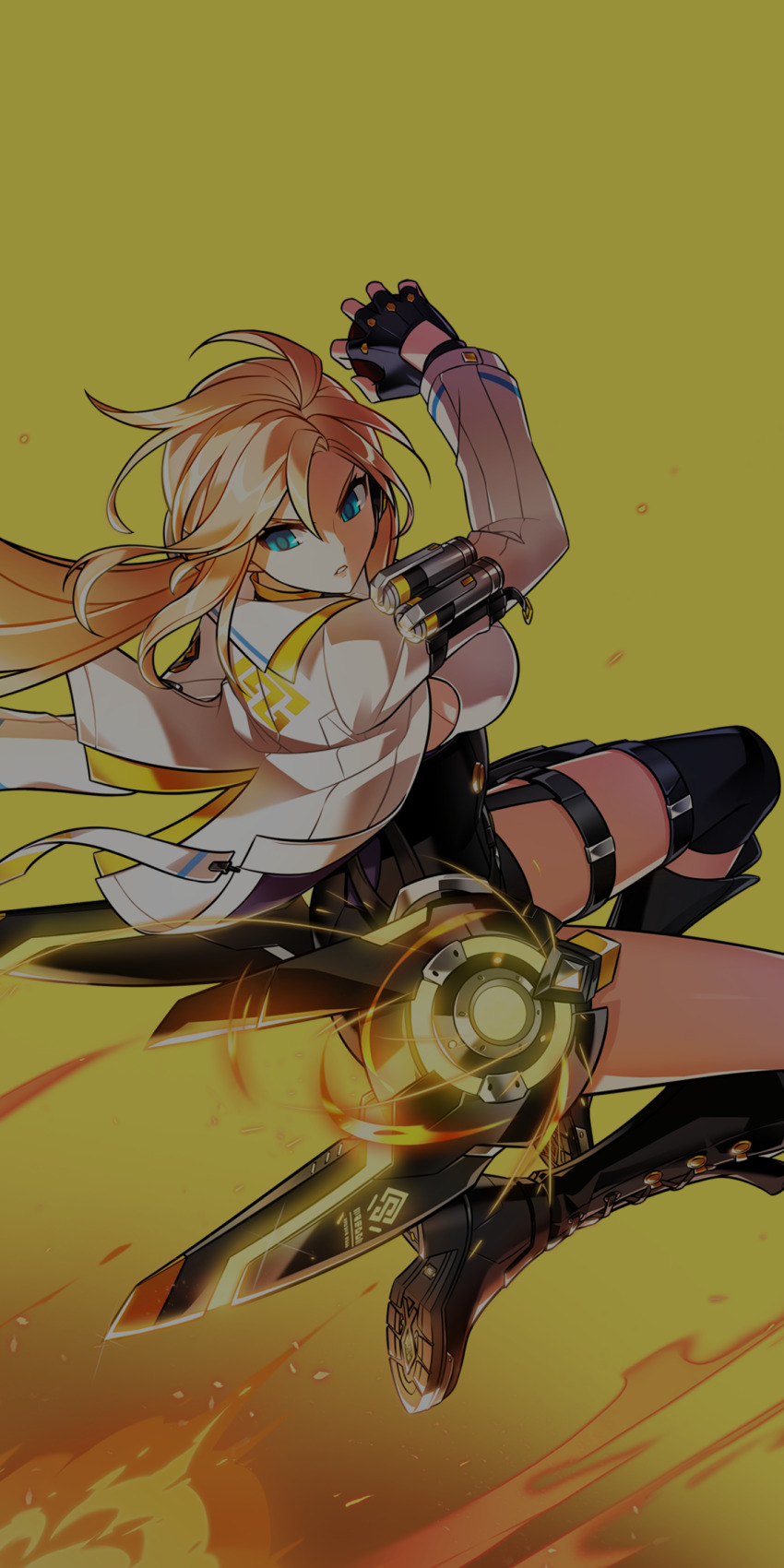 1girl arm_belt belt belt_buckle black_belt black_boots black_gloves black_skirt blonde_hair blue_eyes boots breasts buckle determined elsword embers fingerless_gloves fire floating_clothes floating_hair full_body gloves hair_between_eyes high-waist_skirt highres hwansang jacket jumping knee_boots knee_pads large_breasts layered_sleeves leg_belt light_frown long_hair long_sleeves low_ponytail magazine_(weapon) miniskirt multiple_belts official_art open_clothes open_jacket parted_lips ponytail robot rose_(elsword) second-party_source shirt short_over_long_sleeves short_sleeves sideboob simple_background skirt solo thigh_belt thigh_strap vertical-striped_sleeves very_long_hair white_jacket white_shirt yellow_background