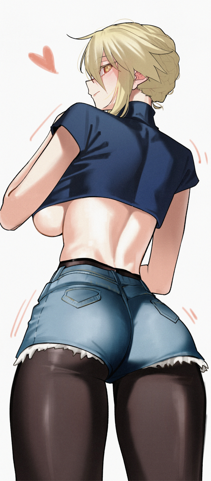 1girl absurdres alternate_costume artoria_pendragon_(fate) artoria_pendragon_(lancer_alter)_(fate) ass bare_arms black_pantyhose blue_shirt breasts closed_mouth cowboy_shot crop_top denim denim_shorts fate/grand_order fate_(series) from_behind hair_between_eyes heart high-waist_pantyhose highres kamisato_sora large_breasts looking_at_viewer looking_back midriff pantyhose shirt short_sleeves shorts sidelocks simple_background solo turtleneck turtleneck_shirt underboob white_background yellow_eyes