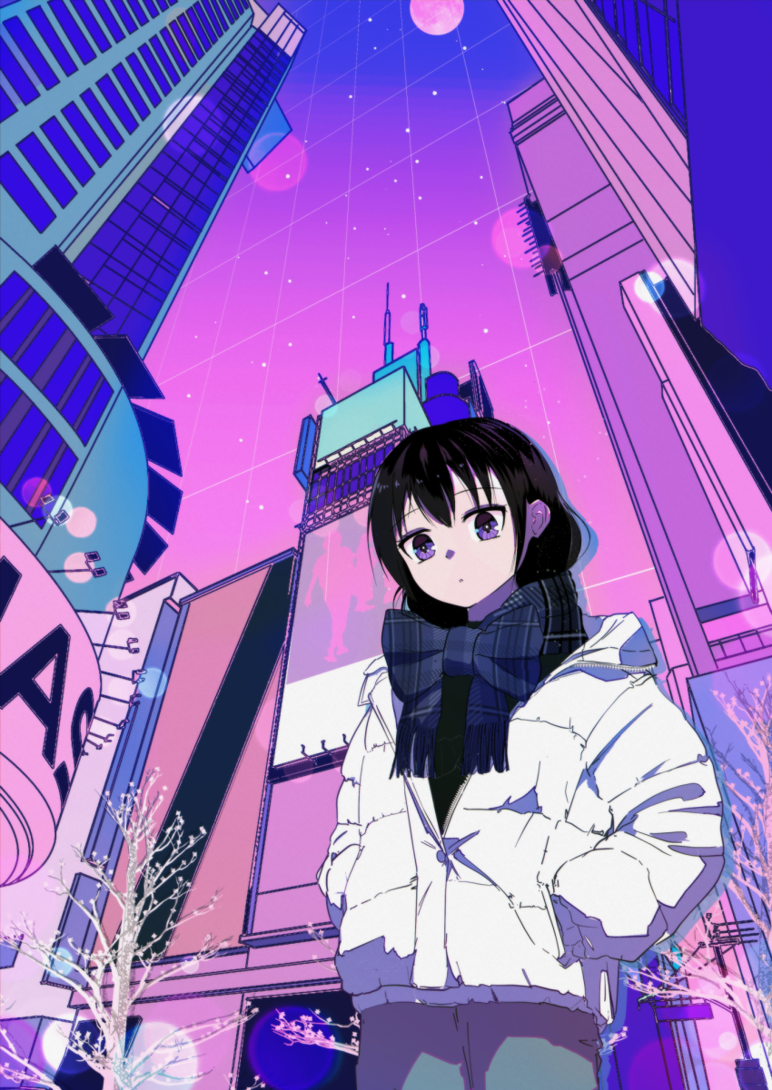 1980s_(style) 5_rebbeccas black_hair bomber_jacket city enpera grid hair_between_eyes highres jacket long_hair looking_at_viewer looking_down low_twintails oldschool parted_lips plaid_clothes plaid_scarf purple_eyes retro_artstyle ribbon scarf synthwave tamura_yuri twintails watashi_ga_motenai_no_wa_dou_kangaetemo_omaera_ga_warui!