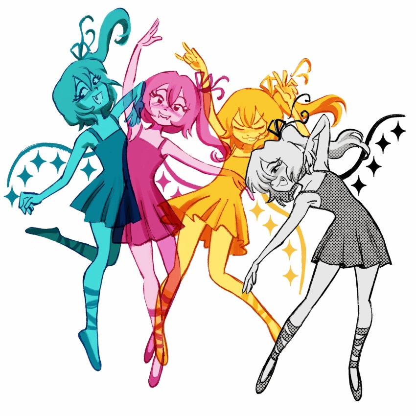 4girls ascot ballet_slippers bare_shoulders blush clone cmyk crystal dress flandre_scarlet flandrepudding four_of_a_kind_(touhou) highres multiple_girls multiple_monochrome multiple_persona one_side_up open_mouth ribbon see-through_body short_hair side_ponytail sleeveless sleeveless_dress smile touhou wings yellow_ascot