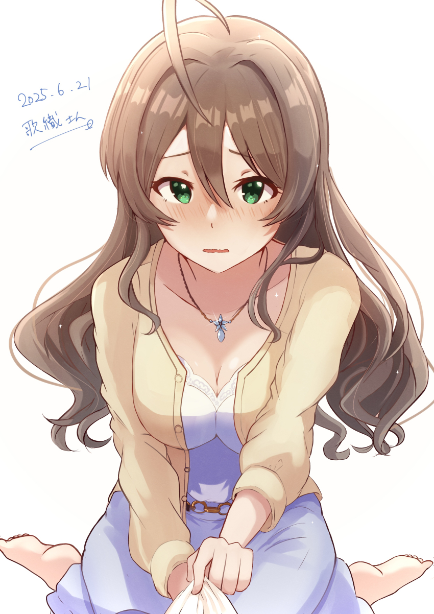 1girl absurdres ahoge barefoot belt blue_skirt blush breasts brown_hair cardigan character_name cleavage clothes_tug collarbone dated double-parted_bangs embarrassed eyelashes furrowed_brow green_eyes hair_intakes highres idolmaster idolmaster_million_live! idolmaster_million_live!_theater_days jewelry long_hair long_skirt looking_at_viewer natsuki_p necklace nose_blush official_alternate_costume official_alternate_hairstyle parted_lips pov private_dress_(idolmaster_million_live!) sakuramori_kaori shirt sitting skirt solo_focus swept_bangs wariza wavy_hair white_shirt yellow_cardigan