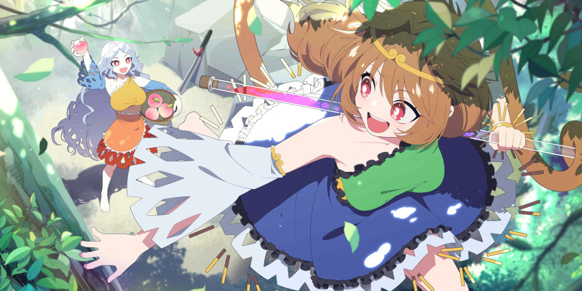 2girls brown_hair detached_sleeves food fruit grey_hair highres holding holding_food holding_fruit looking_at_another looking_back monkey_tail multiple_girls mzh peach red_eyes sakata_nemuno second-party_source smile son_biten tail touhou touhou_lostword