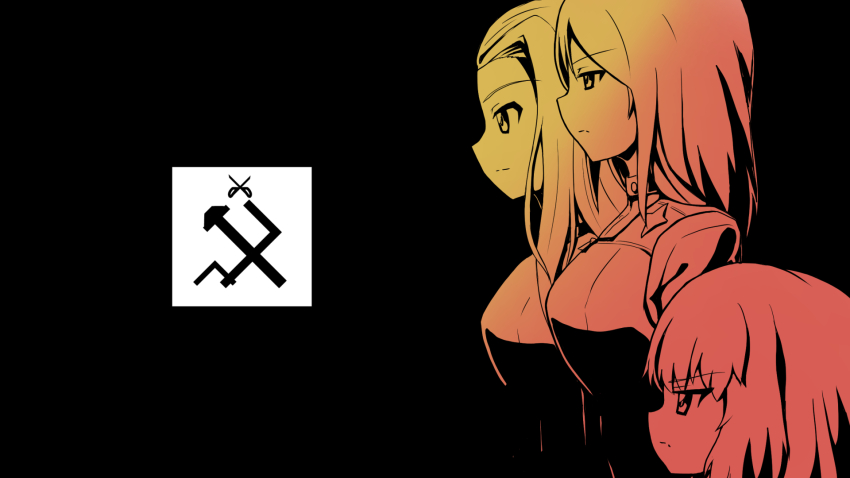 3girls am_jack black_background blush breasts clara_(girls_und_panzer) closed_mouth emblem from_side girls_und_panzer highres jacket katyusha_(girls_und_panzer) medium_hair military multiple_girls nonna_(girls_und_panzer) pravda_(emblem) pravda_military_uniform short_hair smile star_(symbol) turtleneck