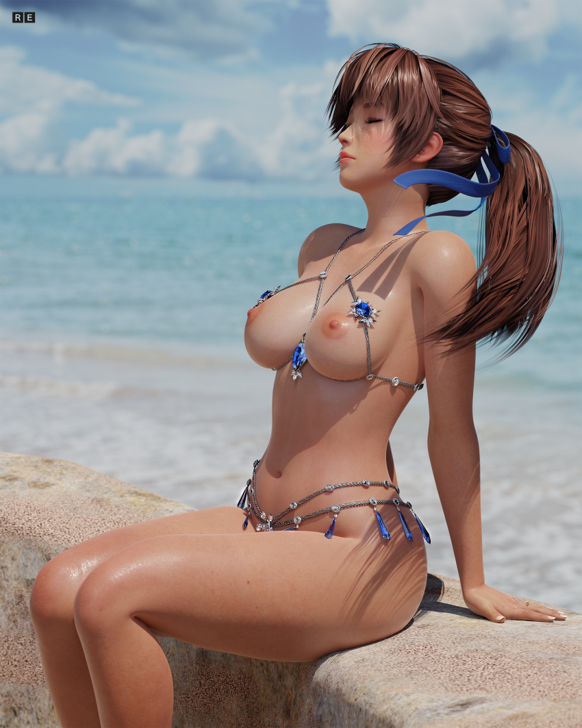 1girl 3d absurdres artist_logo ass beach breasts brown_hair closed_eyes dead_or_alive female_focus highres jewelry kasumi_(doa) large_breasts logo long_hair nipples radianteld ring swimsuit text_focus water