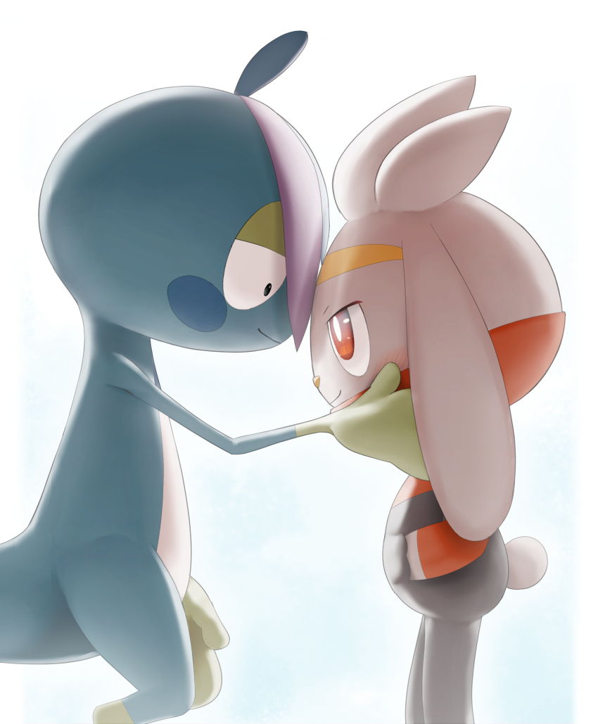 absurdres black_eyes blush bright_pupils closed_mouth commentary_request creatures_(company) drizzile eye_contact from_side game_freak gen_8_pokemon hand_in_pocket hand_up highres looking_at_another nintendo no_humans pokemon pokemon_(creature) purobe raboot red_eyes smile white_background white_pupils