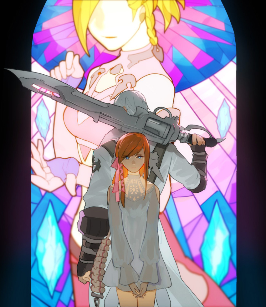 1boy 1girl back-to-back blue_eyes coat dress final_fantasy final_fantasy_xiv glowing glowing_eyes gunblade gunbreaker_(final_fantasy) hair_ribbon highres holding holding_weapon hyur long_hair long_sleeves looking_at_viewer minfilia_warde orange_hair own_hands_together pleasebemine00 ribbon ryne_waters short_hair stained_glass standing swept_bangs thancred_waters weapon white_coat white_dress white_hair