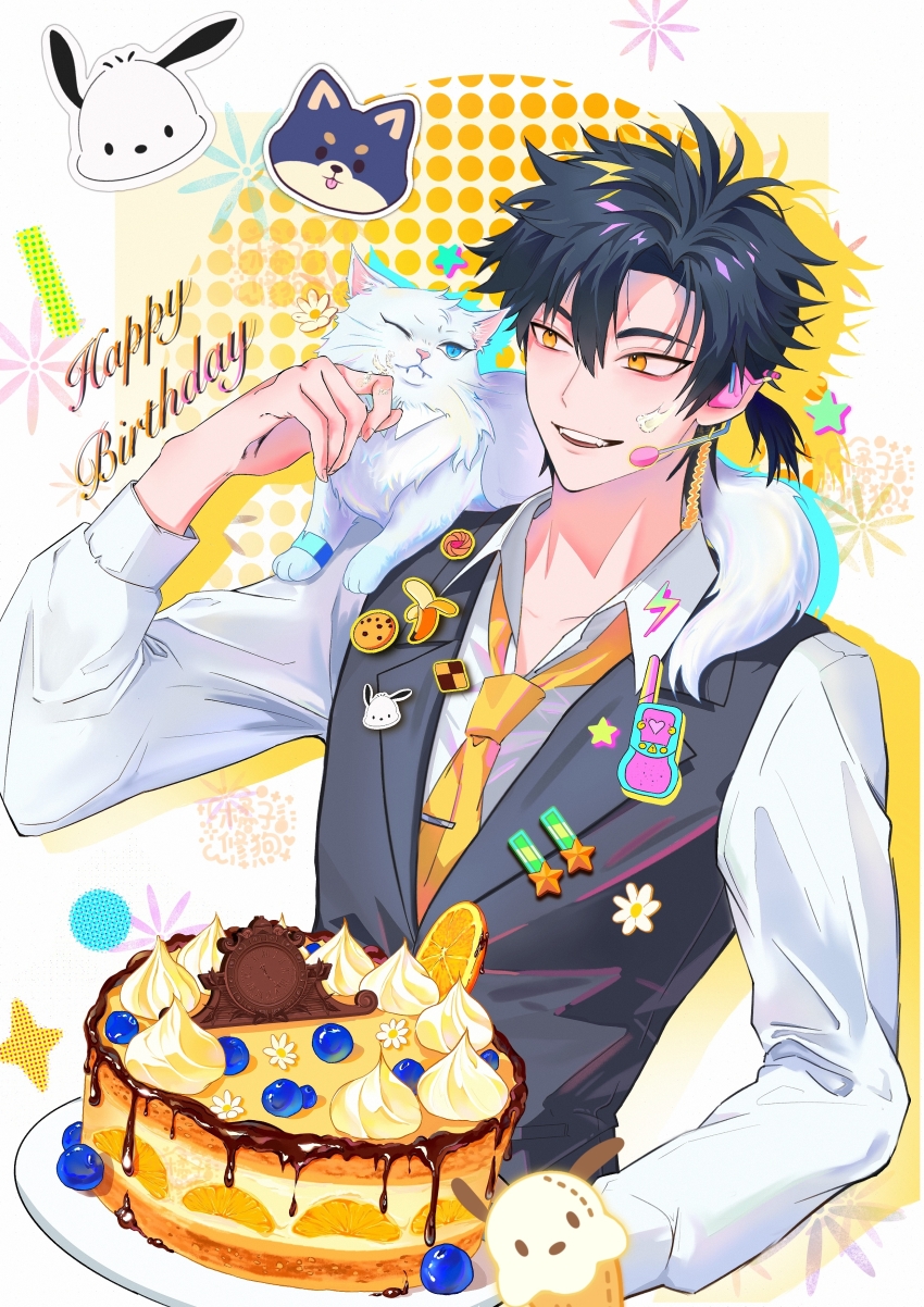 1boy absurdres animal animal_on_shoulder badge birthday birthday_cake black_hair black_vest blue_eyes blueberry cake cat cat_on_shoulder cheng_xiaoshi cheng_xiaoshi_(dog) chinese_commentary collared_shirt cream cream_on_face dog fangs food food_on_face formal_clothes fruit hair_between_eyes happy_birthday headset highres holding holding_plate long_sleeves looking_at_animal low_ponytail lu_guang_(cat) male_focus momo459090 necktie official_alternate_costume open_mouth plate pochacco ponytail rabbit sanrio shiguang_dailiren shirt short_hair short_ponytail smile solo sticker strawberry upper_body vest white_shirt yellow_eyes yellow_necktie
