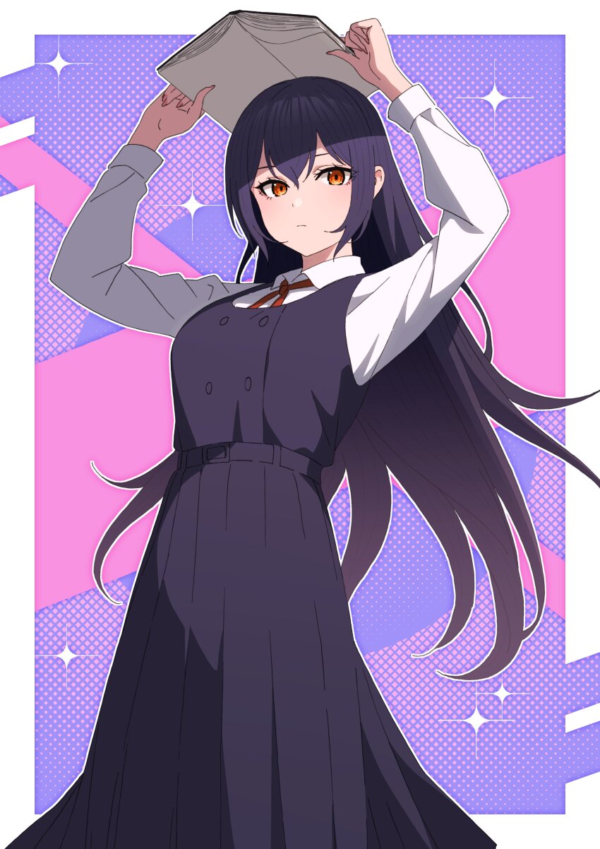 1girl absurdres aoi_suzu arms_up black_dress book brown_eyes closed_mouth collared_shirt commentary_request dress hair_between_eyes highres holding holding_book kohinata_kuon long_hair long_sleeves neck_ribbon open_book original pinafore_dress red_ribbon ribbon school_uniform second-party_source shirt sleeveless sleeveless_dress solo sparkle white_shirt