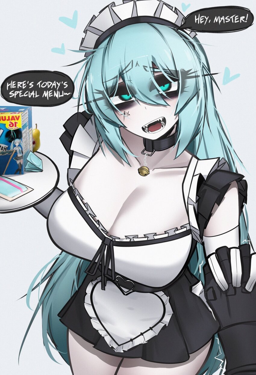 1girl 1other ace_glitch aqua_eyes aqua_hair bell black_collar breasts collar collarbone commentary condom double-parted_bangs english_commentary english_text eyeshadow hair_between_eyes hand_grab hatsune_miku heart highres holding holding_plate large_breasts long_eyelashes long_hair looking_at_viewer maid maid_headdress makeup neck_bell open_mouth plate sharp_teeth speech_bubble teeth vocaloid white_background