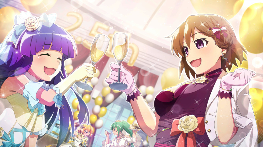 4girls :d ^_^ akasaka_miyuki anniversary balloon blonde_hair blue_hair blurry brown_hair cake champagne_flute closed_eyes cup curtains depth_of_field dress drinking_glass dutch_angle elbow_gloves eye_contact flower food frilled_dress frills furude_rika game_cg gloves green_hair hair_flower hair_ornament highres higurashi_no_naku_koro_ni higurashi_no_naku_koro_ni_mei holding holding_cake holding_cup holding_food holding_spoon holding_tongs houjou_satoko indoors jacket jacket_on_shoulders lens_flare long_hair looking_at_another multiple_girls non-web_source official_art one_side_up open_mouth party purple_eyes purple_shirt rose shirt short_hair smile sonozaki_mion sparkle spoon standing toasting_(gesture) tongs upper_body white_dress white_flower white_gloves white_jacket white_rose window