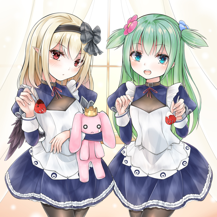 2girls apron blonde_hair blue_eyes collar dark_feather_alma emil_chronicle_online food fork fruit green_hair highres holding holding_stuffed_toy maid maid_apron multiple_girls open_mouth pantyhose pointy_ears red_eyes se34tai shabotan_alma strawberry stuffed_toy two_side_up