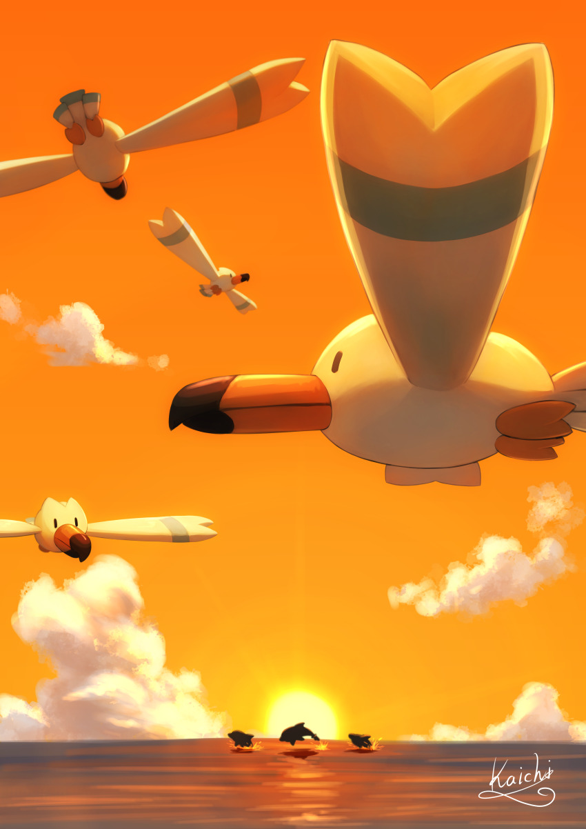 absurdres bird closed_mouth cloud commentary_request gen_3_pokemon highres kaichi_(tomiyu25) nintendo ocean outdoors palafin palafin_(zero) pokemon pokemon_(creature) signature silhouette sky sunset water wingull