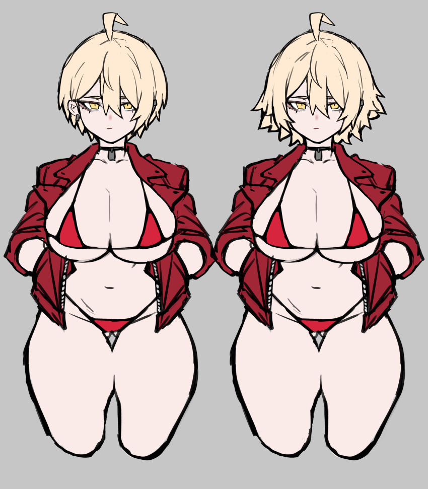 1girl absurdres ahoge alternate_hairstyle bikini black_choker blonde_hair breasts choker chris_(ginseng) cleavage collarbone cropped_legs earrings ginseng_(xin) gluteal_fold grey_background hair_between_eyes hands_in_pockets highres jacket jewelry micro_bikini navel open_clothes open_jacket original red_bikini red_jacket short_hair simple_background swimsuit thigh_gap thighs variations yellow_eyes