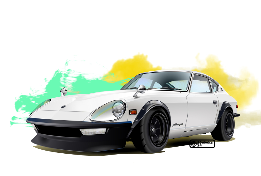 artist_name car commentary_request highres motor_vehicle nimbus_goldbrum nissan nissan_fairlady_z no_humans original unused_tire vehicle_focus white_car