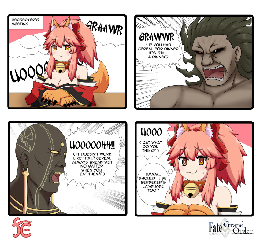 1girl 2boys :3 animal_ear_fluff animal_ears animal_hands bare_shoulders bell blush breasts cat_paws cleavage collar collarbone darius_iii_(fate) dark_skin detached_sleeves english_text engrish_text fate/grand_order fate/stay_night fate_(series) fox_ears fox_girl fox_tail gloves hair_ribbon heracles_(fate) heterochromia highres jingle_bell keita_naruzawa large_breasts long_hair multiple_boys muscular neck_bell open_mouth paw_gloves pink_hair ponytail ranguage red_eyes red_ribbon ribbon speech_bubble tail tamamo_(fate) tamamo_cat_(fate) tamamo_cat_(first_ascension)_(fate) tattoo thought_bubble yellow_eyes