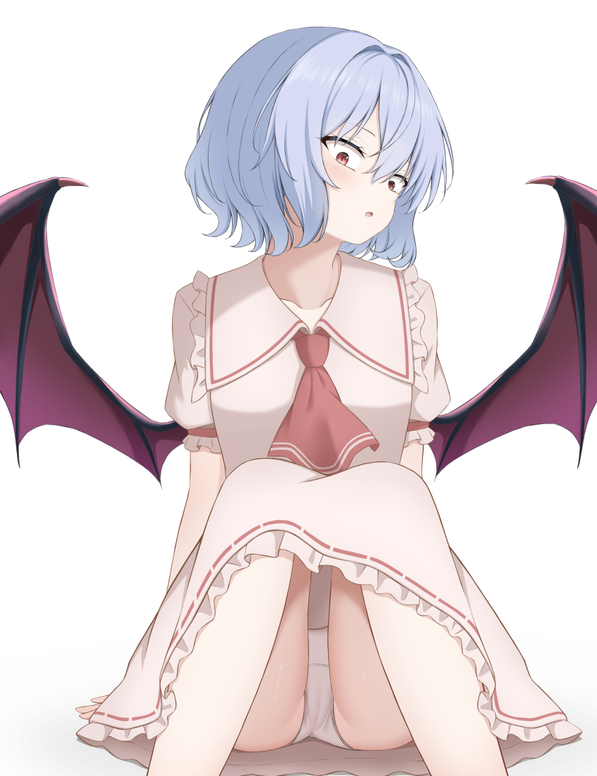 1girl :o absurdres arms_at_sides ascot bat_wings blue_hair blush cameltoe commentary_request constricted_pupils eyelashes frilled_shirt_collar frilled_skirt frilled_sleeves frills hair_between_eyes hair_intakes highres knees_up looking_down medium_hair no_headwear open_mouth paid_reward_available panties puffy_short_sleeves puffy_sleeves red_ascot red_eyes remilia_scarlet ribbon-trimmed_skirt ribbon_trim shirt short_sleeves simple_background sitting skirt slit_pupils solo szl touhou tsurime underwear variant_set white_background white_panties white_shirt white_skirt wings
