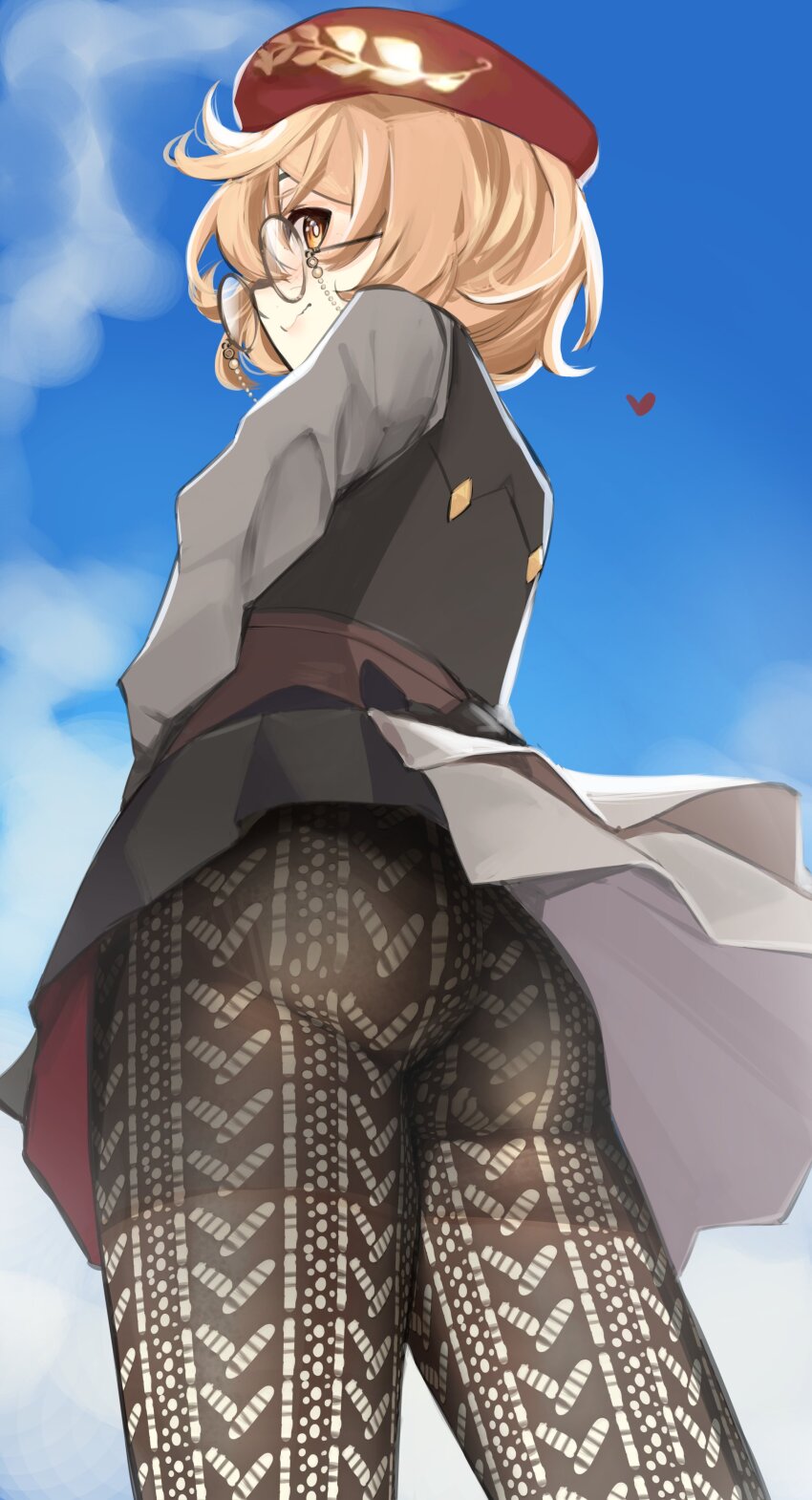 1girl absurdres ass ass_focus beret black_skirt black_vest blue_sky blush bright_pupils brown_eyes brown_hair clio_aite closed_mouth cloud commentary cowboy_shot embarrassed english_commentary eyewear_strap from_below from_side glasses grey_shirt hat heart highres laurels long_sleeves pantyhose phase_connect pleated_skirt pupi_(rain_prophet) red_hat round_eyewear shirt short_hair sideways_mouth skirt sky solo standing vest virtual_youtuber white_pupils