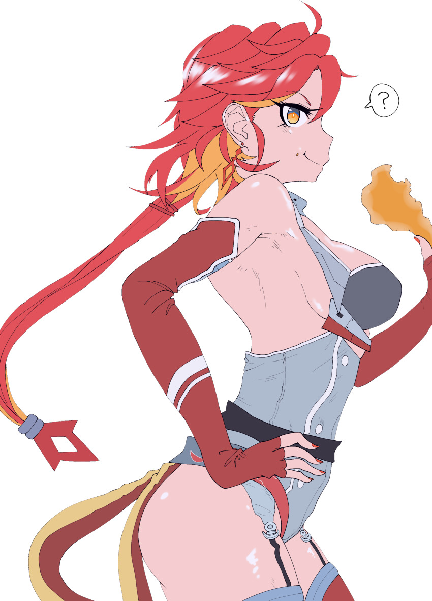 36rt absurdres azur_lane breasts chewing chicken_(food) decorated_nails earrings eating flame_print food food_on_face garter_straps hair_between_eyes hair_ornament hand_on_own_hip highres jewelry looking_at_viewer orange_eyes phoenix_(azur_lane) ponytail ? red_hair sideboob sideways_glance speech_bubble