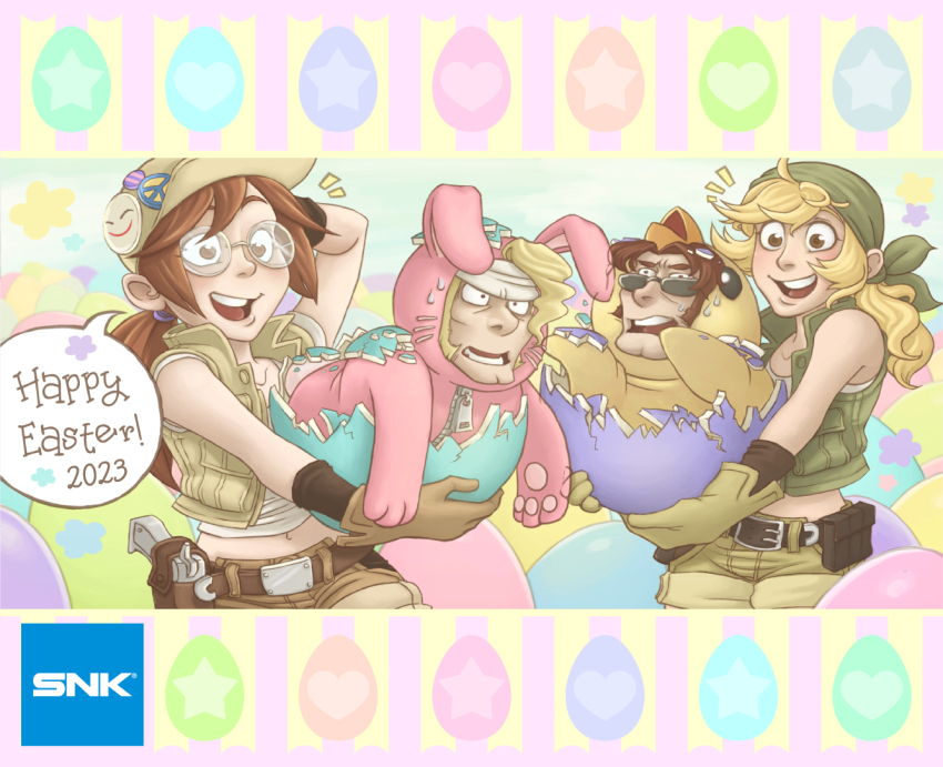 2boys 2girls blonde_hair brown_hair easter fio_germi glasses gloves hat headband kasamoto_eri long_hair marco_rossi metal_slug multiple_boys multiple_girls official_art ponytail rabbit_ears short_hair shorts sleeveless sunglasses tarma_roving