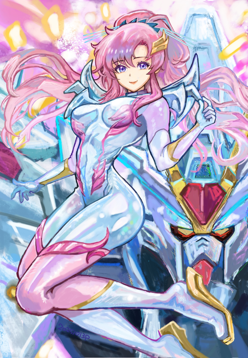 1girl breasts closed_mouth dated gundam gundam_seed gundam_seed_destiny gundam_seed_freedom hair_ornament highres lacus_clyne long_hair looking_at_viewer mecha mecha_pilot_suit mighty_strike_freedom_gundam mobile_suit normal_suit_(gundam) okrdisk2000 pink_hair purple_eyes robot science_fiction smile solo very_long_hair