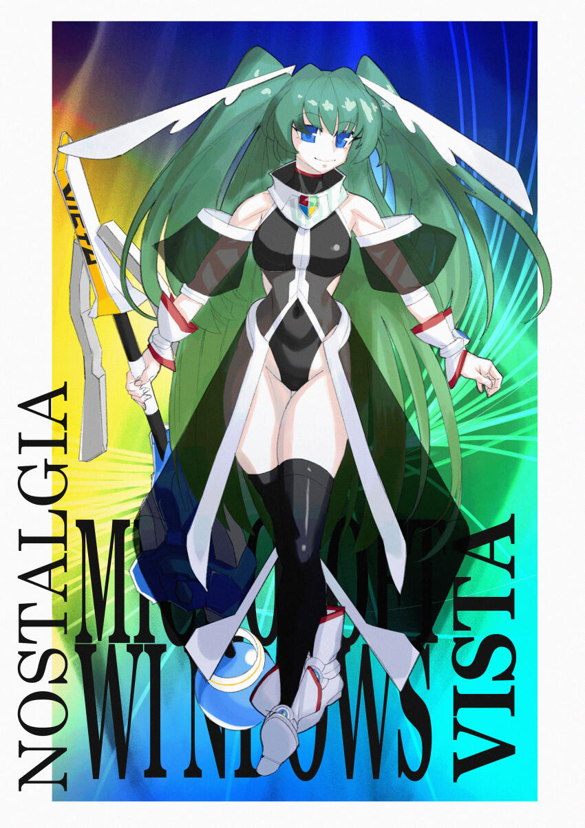 1girl absurdres alt_text aqua_hair black_leotard black_thighhighs blue_eyes boots chiivistan commentary english_commentary grey_boots hair_ornament highres holding leotard long_hair looking_at_viewer microsoft_windows os-tan smile solo teku-a-fool thighhighs two_side_up very_long_hair vista-tan windows_vista