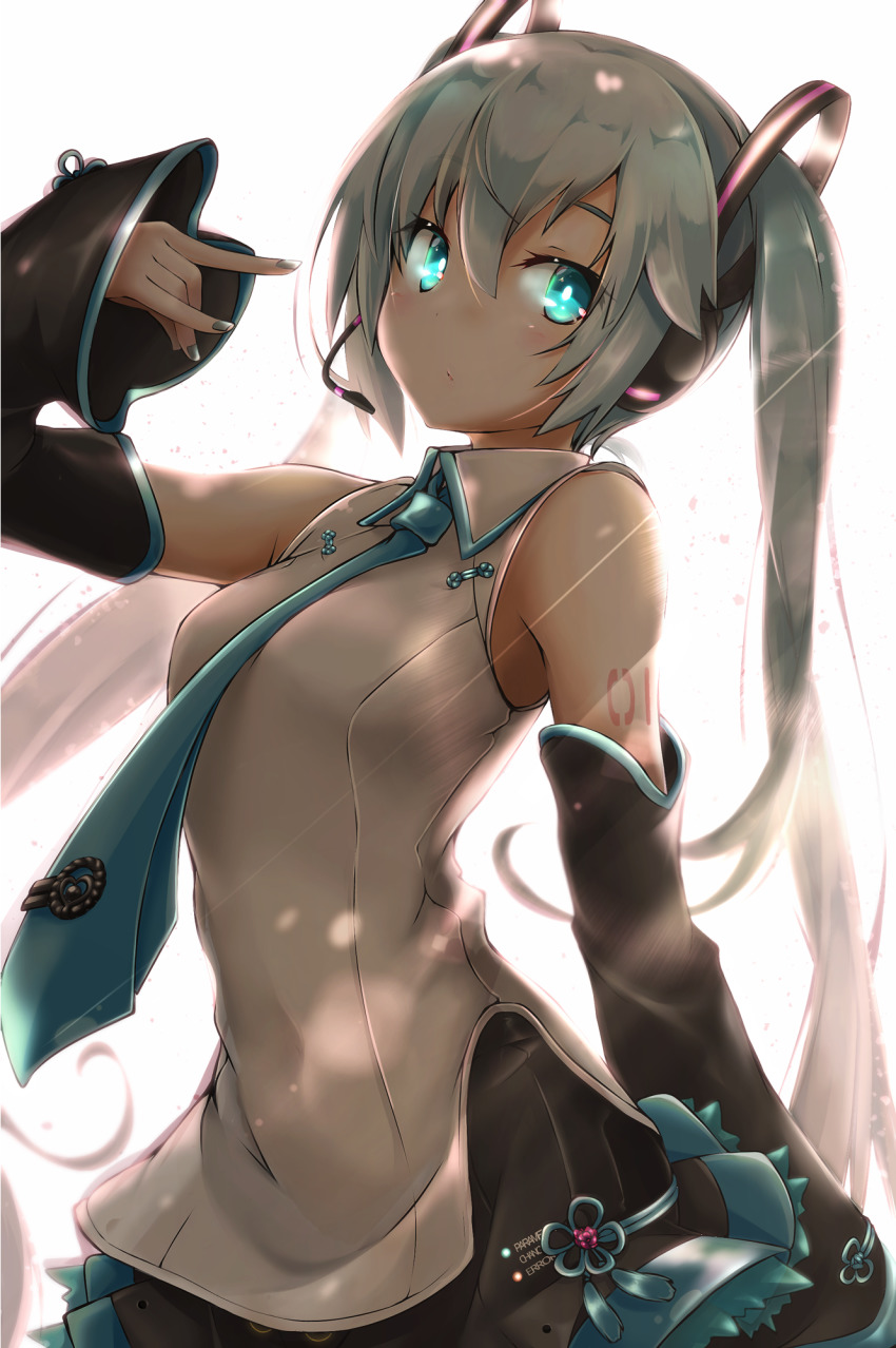 1girl \n/ akino_coto aqua_eyes aqua_hair aqua_nails aqua_necktie backlighting bare_shoulders black_skirt black_sleeves chinese_clothes commentary detached_sleeves expressionless female_focus frilled_skirt frills hair_ornament hand_up hatsune_miku hatsune_miku_(vocaloid4)_(chinese) headphones headset highres long_hair looking_at_viewer nail_polish necktie shirt shoulder_tattoo skirt sleeveless sleeveless_shirt solo tassel tattoo twintails very_long_hair vocaloid white_background white_shirt