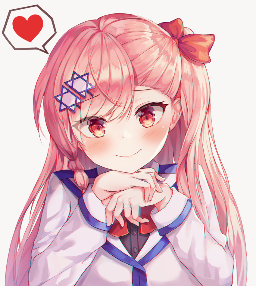 1girl asymmetrical_bangs blush bow braid commentary dot_nose girls&#039;_frontline hair_bow hair_ornament hairclip hands_on_own_chin haneiro head_rest heart hexagram highres jacket jewelry long_hair looking_at_viewer negev_(girls&#039;_frontline) one_side_up pink_hair red_bow red_eyes ring side_braid simple_background smile solo speech_bubble spoken_heart star_of_david swept_bangs wedding_ring white_jacket