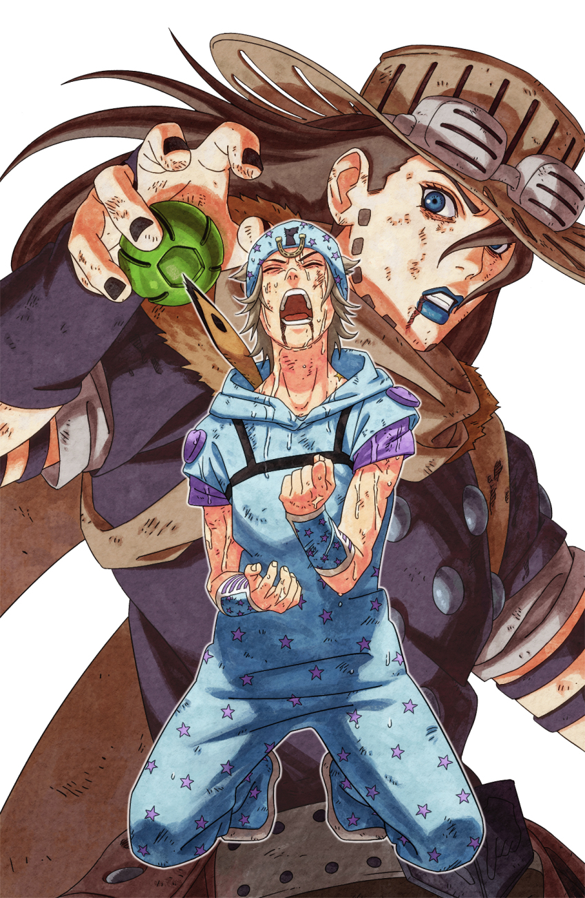 2boys beanie black_nails black_shirt blonde_hair blood blood_from_mouth blue_eyes blue_hat blue_hoodie blue_lips book_cover_redraw brown_hair brown_scarf clenched_hand clenched_teeth closed_eyes cowboy_hat derivative_work eyewear_on_headwear facial_hair fingernails fur_collar gyro_zeppeli hand_up hands_up hat highres hood hood_down hoodie horseshoe johnny_joestar jojo_no_kimyou_na_bouken kishimoto_masashi_(style) kneeling lipstick long_hair looking_at_viewer makeup male_focus multiple_boys nail_polish naruto_(series) naruto_shippuuden okazaki_johnny open_mouth outline pants print_hat print_pants scarf scratches shirt short_hair short_sleeves shouting star_(symbol) star_print steel_ball_(jojo) steel_ball_run teeth v-shaped_eyebrows wet white_background white_outline wrist_guards