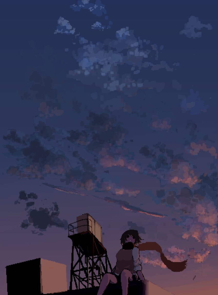 1girl :o atmospheric_perspective black_eyes black_shoes brown_hair building cloud cloudy_sky fireworks from_below highres hisachan55cute mask mouth_mask multicolored_shirt no_humans original pixel_art red_scarf scarf scenery shirt shoes short_hair silhouette sitting_on_building sky sky_focus sleeves_rolled_up solo sunset upper_body water_tower white_shirt
