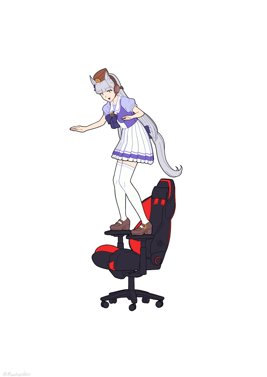 1girl absurdres animal_ears balancing blue_bow blue_bowtie blue_hair bow bowtie brown_footwear chair commentary ear_covers english_commentary full_body gold_ship_(umamusume) highres horse_ears horse_girl horse_tail meme mouhantain office_chair on_chair pillbox_hat puffy_short_sleeves puffy_sleeves school_uniform short_sleeves signature simple_background solo standing standing_on_chair swivel_chair tail thighhighs tracen_school_uniform umamusume white_background white_thighhighs