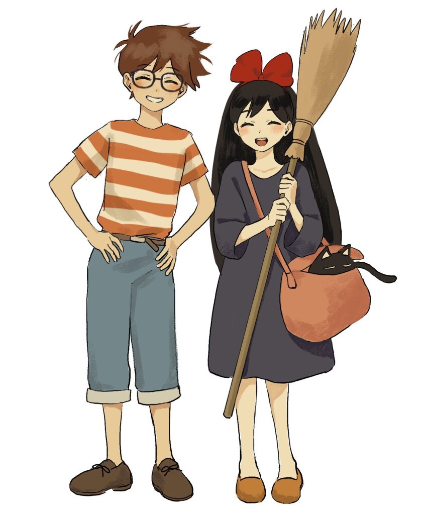 1boy 1girl black-framed_eyewear black_hair blush brown_footwear brown_hair closed_eyes cosplay denim full_body glasses grin hands_on_own_hips hero_(omori) highres jeans kiki_(majo_no_takkyuubin) kiki_(majo_no_takkyuubin)_(cosplay) long_sleeves majo_no_takkyuubin mari_(omori) mewo omori pants parted_lips renshu_usodayo shirt short_sleeves simple_background smile striped_clothes striped_shirt teeth tombo_(majo_no_takkyuubin) tombo_(majo_no_takkyuubin)_(cosplay) white_background