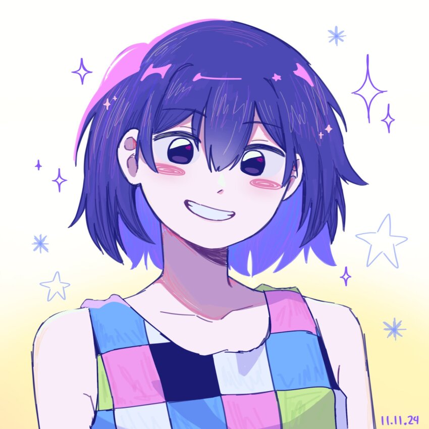 1boy bluejasowo blush_stickers collarbone colored_skin dated grin highres kel_(headspace)_(omori) kel_(omori) male_focus omori parted_lips purple_eyes purple_hair short_hair smile solo tank_top teeth upper_body white_skin