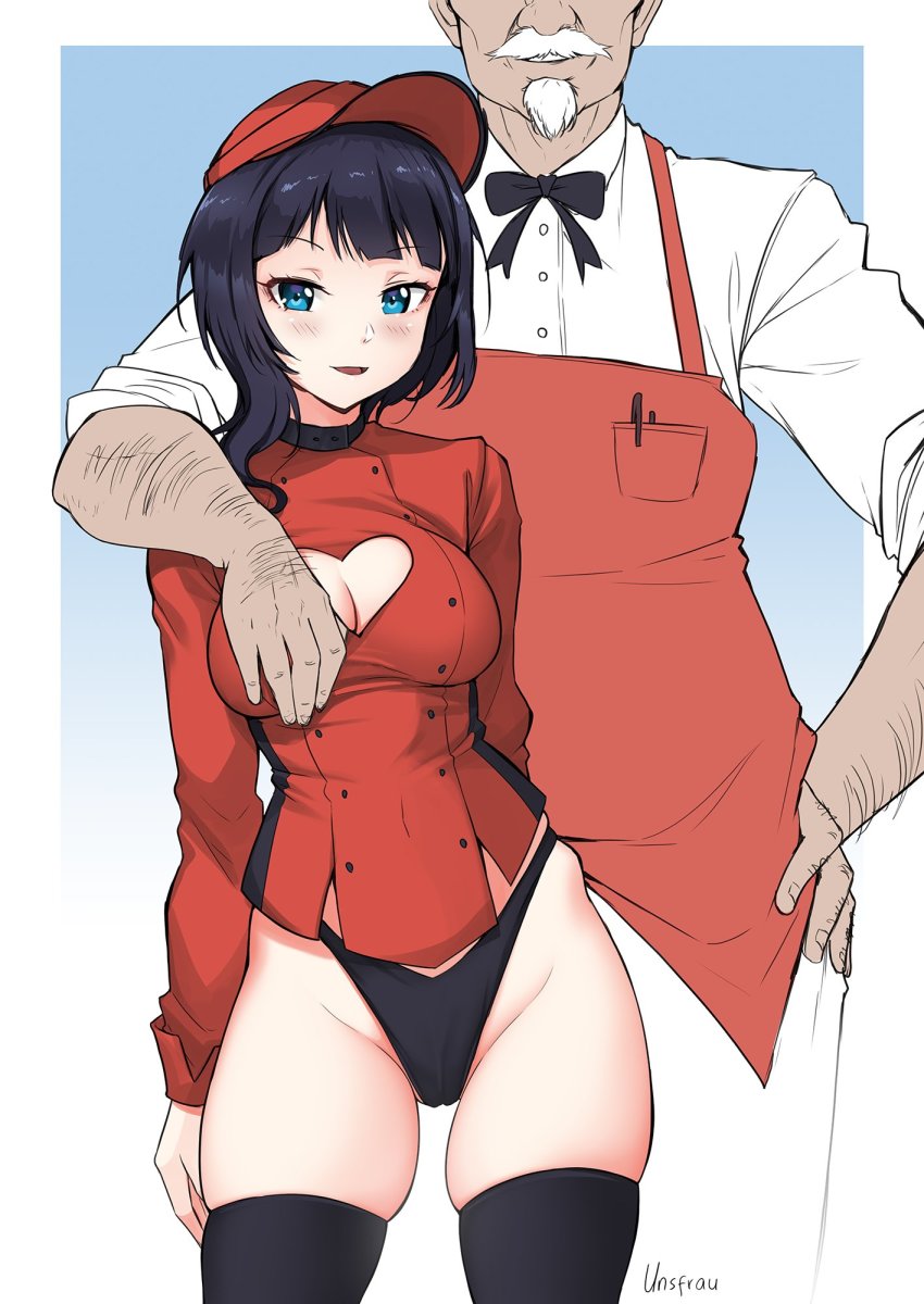 1boy 1girl age_difference apron asaka_karin bikini bikini_bottom_only black_bikini black_neckwear black_panties black_thighhighs blue_background blue_eyes blue_hair blush border bow bowtie breasts cameltoe cleavage cleavage_cutout clothing_cutout colonel_sanders contrapposto cowboy_shot dark_blue_hair employee_uniform facial_hair facing_viewer goatee grabbing_another&#039;s_breast gradient_background groping hand_on_breast head_out_of_frame heart_cutout highleg highleg_bikini highres jacket kfc light_smile looking_at_viewer love_live! love_live!_nijigasaki_high_school_idol_club medium_breasts mustache no_pants outside_border panties pants red_headwear red_jacket shirt simple_background skindentation smile standing swimsuit thighhighs thighs underwear unsfrau white_border white_facial_hair white_mustache white_pants white_shirt