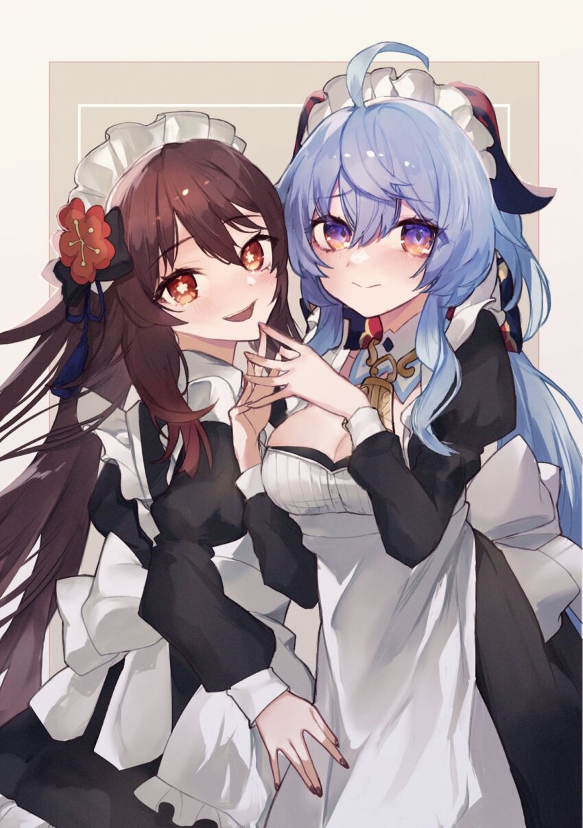 ahoge apron black_nails blue_hair blush bow breasts brown_hair flower flower-shaped_pupils ganyu_(genshin_impact) genshin_impact hair_flower hair_ornament highres horns hu_tao_(genshin_impact) long_hair looking_at_viewer maid maid_apron maid_day maid_headdress medium_breasts nail_polish open_mouth own_hands_together plum_blossoms purin_uni purple_eyes red_eyes sidelocks smile symbol-shaped_pupils