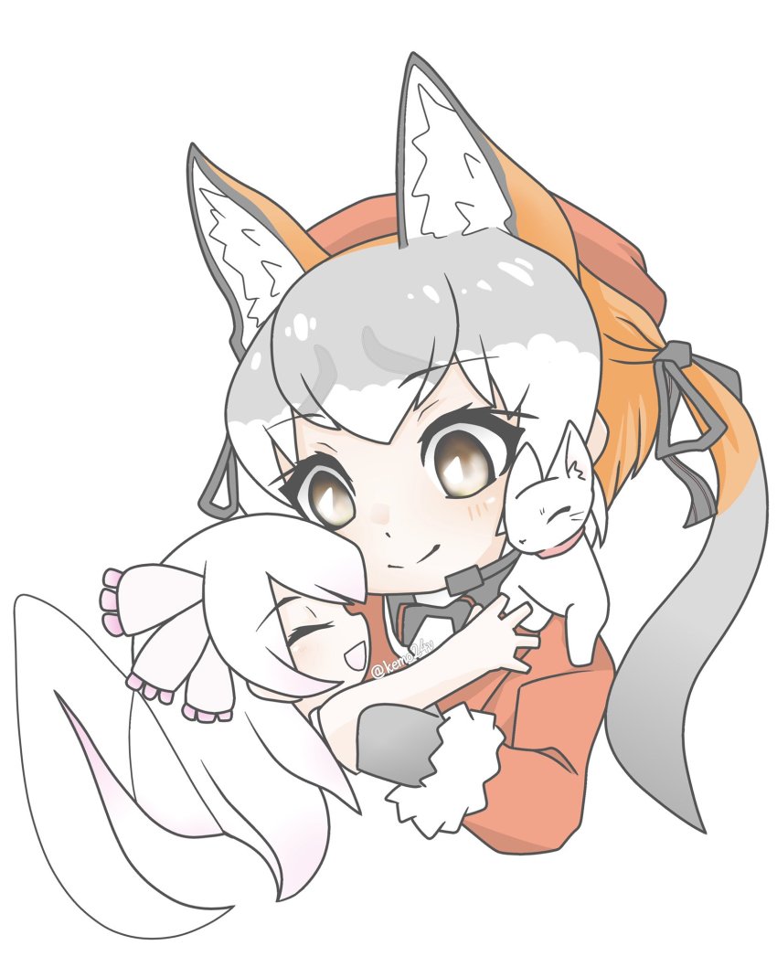 grey_hair highres island_fox_(kemono_friends) kemo24v kemono_friends kemono_friends_v_project long_hair mexico_salamander_(kemono_friends) multicolored_hair orange_hair simple_background twintails virtual_youtuber white_background