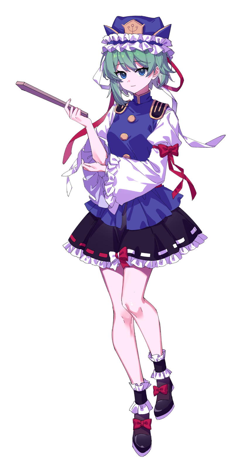 1girl absurdres artist_request asymmetrical_hair black_skirt blue_eyes blue_vest breasts commentary commentary_request english_commentary epaulettes frilled_hat frilled_sleeves frills full_body green_hair hat highres light_smile long_sleeves looking_at_viewer medium_hair mixed-language_commentary psd_available ribbon-trimmed_skirt ribbon_trim rod_of_remorse second-party_source shiki_eiki shoes skirt sleeve_bow small_breasts solo tachi-e touhou transparent_background vest wide_sleeves