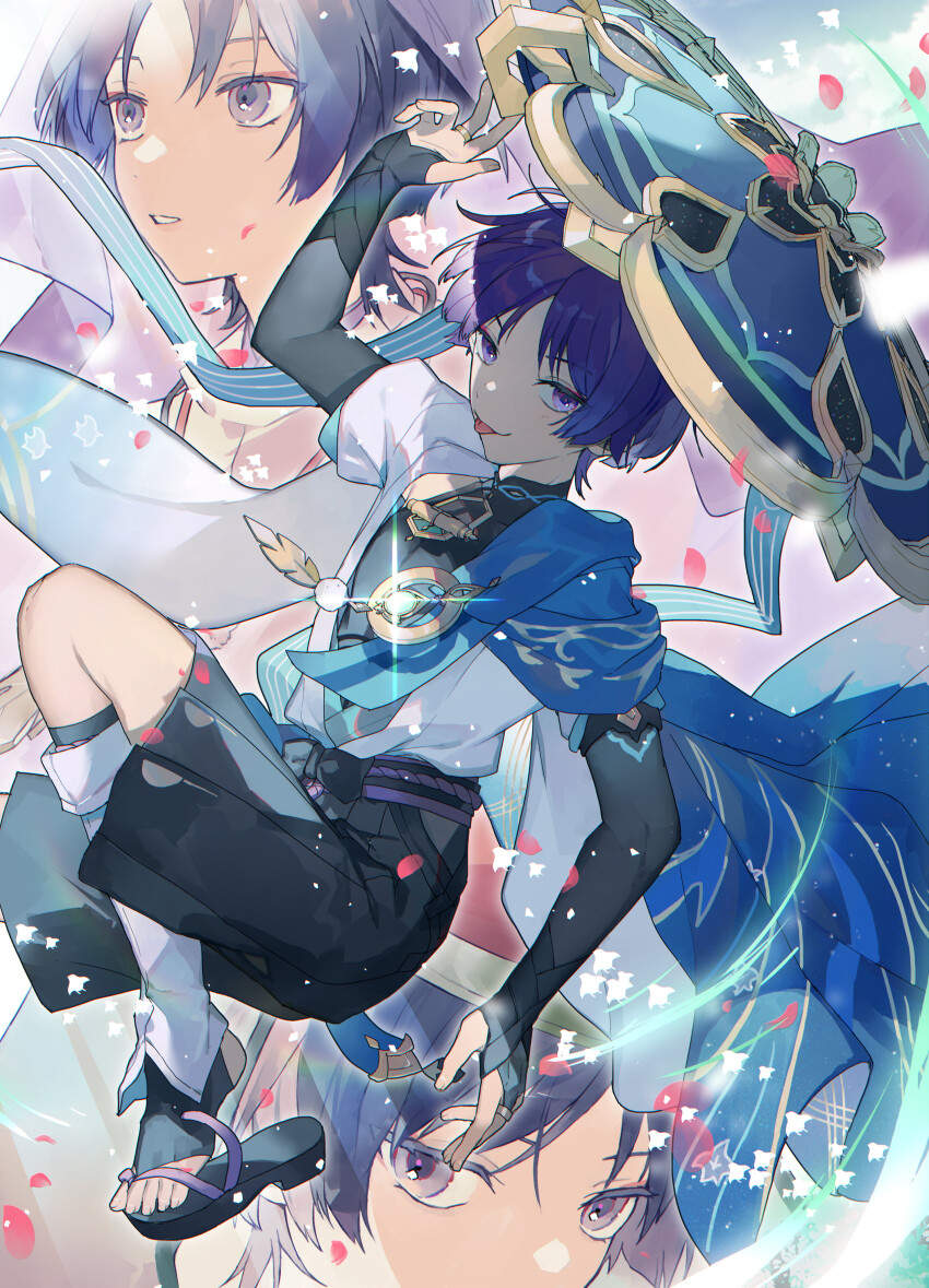 3boys absurdres animal_print aqua_sleeves armor belt bird bird_print black_belt black_bodysuit black_bow black_hair black_shorts black_socks blue_cape blue_hat blunt_ends bodysuit bow bridal_gauntlets cape curled_fingers eye_focus eyeliner eyeshadow falling_petals feathers full_body genshin_impact gold gold_ring grey_eyes hakama hakama_shorts hand_up hat highres hip_vent japanese_armor japanese_clothes jingasa kariginu kimono kote kurokote layered_clothes layered_kimono layered_sleeves leg_warmers legs_folded lips looking_up makeup middle_ring multiple_boys multiple_persona okobo open_clothes open_hands open_kimono parted_bangs parted_lips petals platform_sandals pom_pom_(clothes) purple_eyes purple_hair purple_rope purple_sash purple_veil red_eyeliner red_eyeshadow rope sandals sash scaramouche_(genshin_impact) scaramouche_(kabukimono)_(genshin_impact) short_sleeves shorts shoulder_peek smile socks syerii tilted_headwear toes tongue tongue_out too_many too_many_birds veil vision_(genshin_impact) wanderer_(genshin_impact) white_kimono white_leg_warmers white_sleeves white_trim
