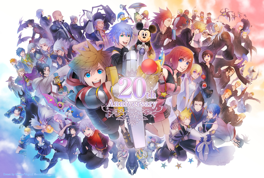 6+boys 6+girls absurdres aced_(kingdom_hearts) aiming aiming_at_viewer anniversary ansem_seeker_of_darkness ansem_the_wise aqua_(kingdom_hearts) ava_(kingdom_hearts) axel_(kingdom_hearts) banana_gyuunyuu black_coat_(kingdom_hearts) bragi_(kingdom_hearts) brain_(kingdom_hearts) chirithy demyx diz donald_duck dream_eater_(kingdom_hearts) elrena ephemer_(kingdom_hearts) eraqus everyone goofy gula_(kingdom_hearts) hayner heartless hermod_(kingdom_hearts) highres invi_(kingdom_hearts) ira_(kingdom_hearts) kairi_(kingdom_hearts) keyblade kingdom_hearts kingdom_hearts_358/2_days kingdom_hearts_3d_dream_drop_distance kingdom_hearts_birth_by_sleep kingdom_hearts_chain_of_memories kingdom_hearts_dark_road kingdom_hearts_i kingdom_hearts_ii kingdom_hearts_iii kingdom_hearts_x kingdom_hearts_x_back_cover larxene lauriam lexaeus looking_at_viewer luxord luxu_(kingdom_hearts) maleficent marluxia mask master_of_masters master_xehanort mickey_mouse multiple_boys multiple_girls namine olette organization_xiii pence pete_(disney) riku_(kingdom_hearts) riku_replica roxas saix skuld_(kingdom_hearts) smile sora_(kingdom_hearts) spiked_hair strelitzia_(kingdom_hearts) terra_(kingdom_hearts) urd_(kingdom_hearts) vanitas_(kingdom_hearts) ventus_(kingdom_hearts) vexen vor_(kingdom_hearts) xaldin xehanort xemnas xigbar xion_(kingdom_hearts) zexion