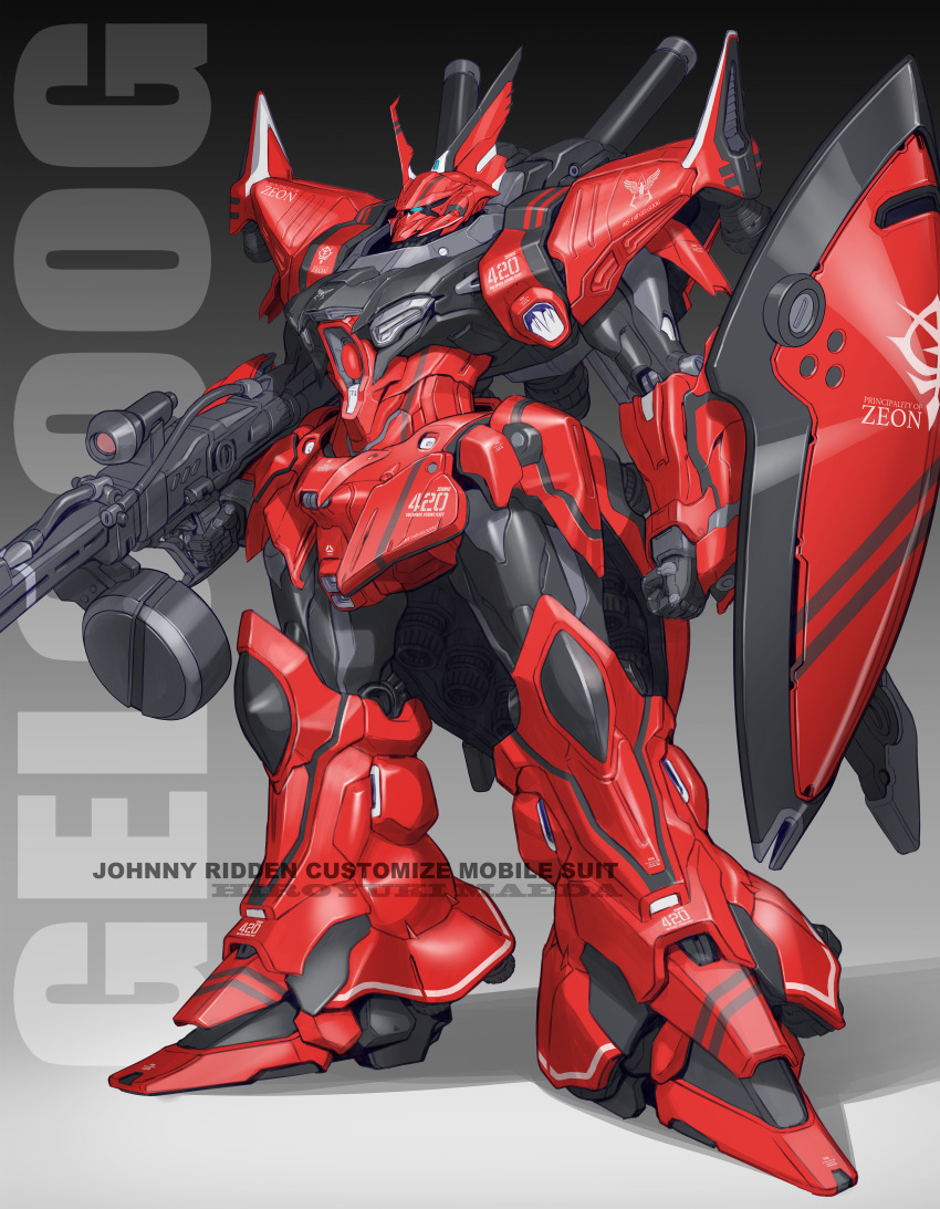 absurdres arm_shield artist_name beam_rifle blue_eyes character_name clenched_hand commentary_request energy_gun full_body gelgoog gelgoog_hmt_johnny_ridden_custom gradient_background gun gundam gundam_msv highres holding holding_gun holding_weapon horns maeda_hiroyuki mecha mecha_focus mobile_suit no_humans one-eyed redesign robot science_fiction shadow shield single_horn solo standing thrusters weapon zeon