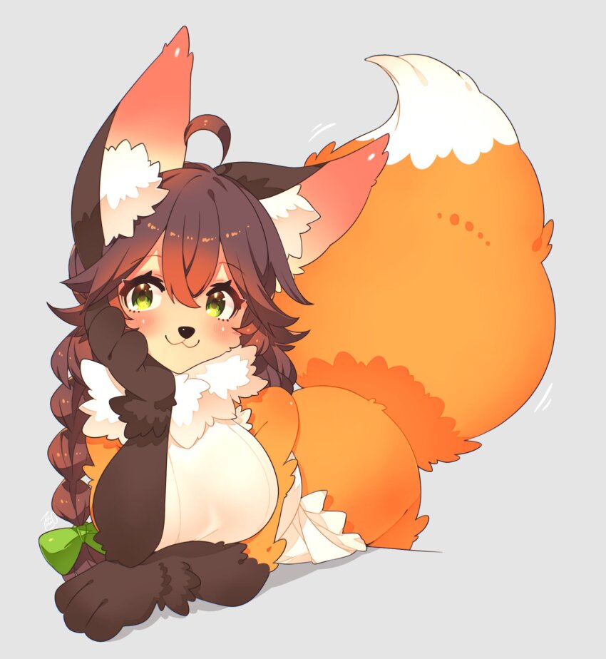 1girl :3 ahoge animal_ear_fluff animal_ears animal_hands animal_nose bent_over blush bow braid breasts brown_fur brown_hair closed_mouth elbow_on_arm fox_ears fox_girl fox_tail furry furry_female green_bow green_eyes grey_background hair_between_eyes hair_bow hand_on_own_face head_rest highres large_breasts long_hair looking_at_viewer multicolored_fur neck_fur orange_fur original simple_background single_braid smile solo tail toconikky white_fur