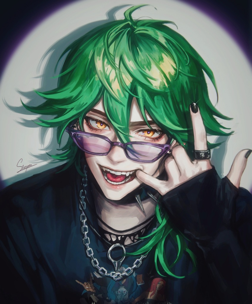 1boy absurdres black_nails black_shirt chain chain_necklace collar ezreal fangs glasses green_hair hair_between_eyes hand_to_own_mouth head_tilt heartsteel_ezreal highres index_finger_raised jewelry juliet_sleeves league_of_legends long_sleeves looking_at_viewer male_focus medium_hair necklace open_mouth orange_eyes portrait puffy_sleeves ring shirt simple_background solo spotlight staryoruu studded_collar teeth tongue