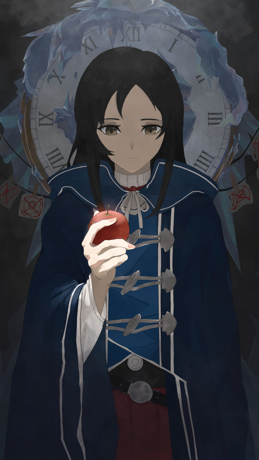 1girl absurdres apple belt black_hair black_shirt blue_cloak brown_eyes cloak clock closed_mouth collar food frozen fruit highres holding holding_food holding_fruit light liro long_bangs long_hair looking_down mushoku_tensei nanahoshi_shizuka red_skirt roman_numeral shirt skirt solo upper_body wall_clock white_collar white_sleeves