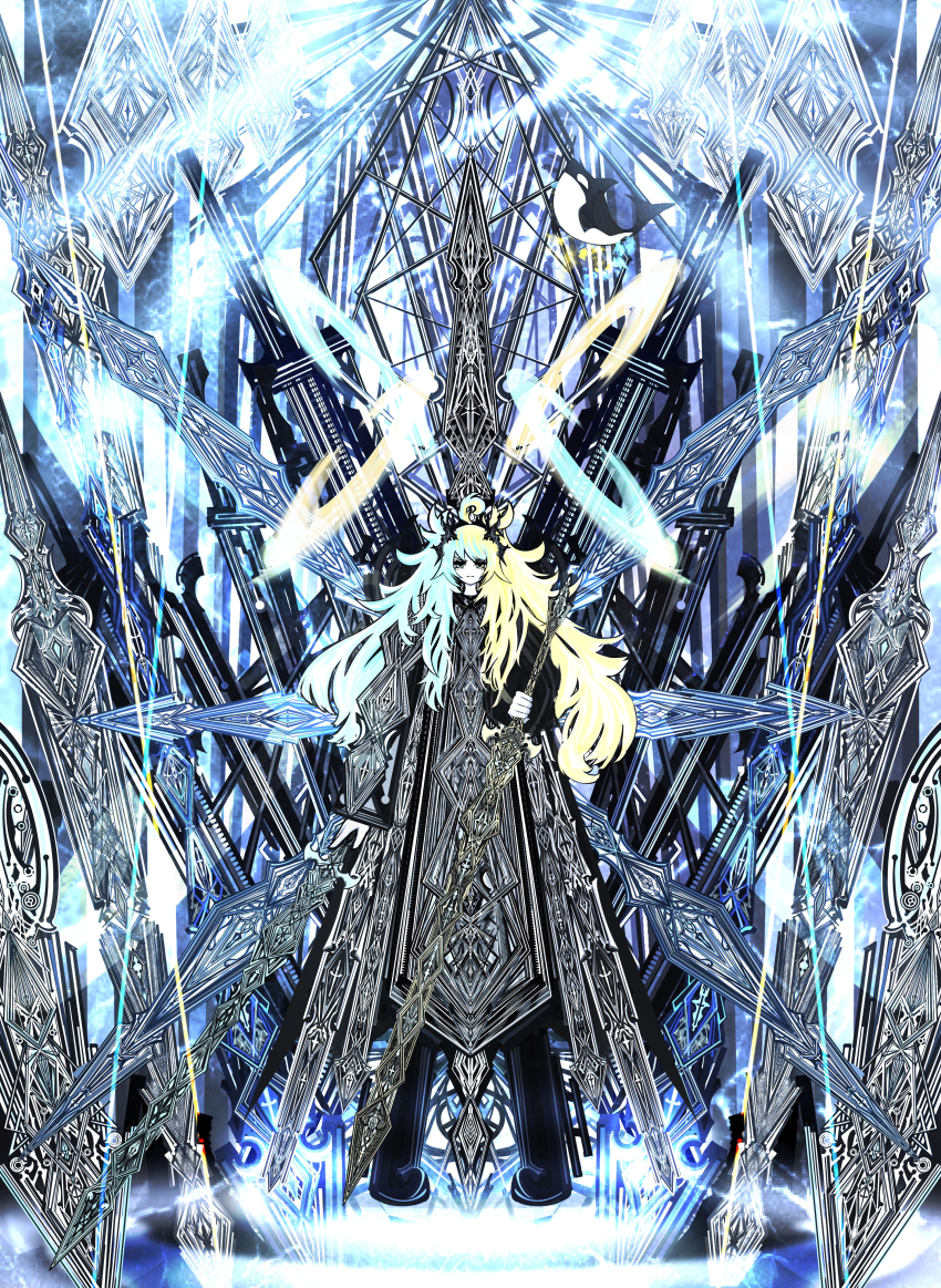 1girl :3 absurdres blonde_hair blue_hair hair_ornament highres holding holding_weapon looking_at_viewer multicolored_hair original pigeon-toed riz_kira smile solo standing two-tone_hair weapon